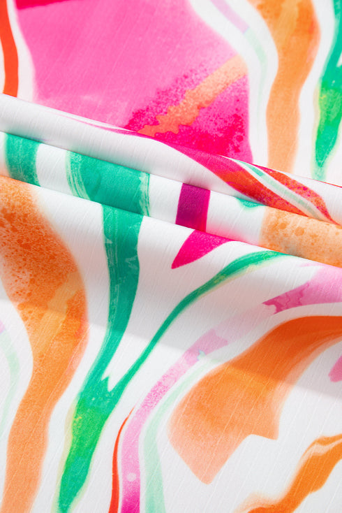 Pink Abstract Print Ruffled Sleeve Smocked Bust Maxi Dress